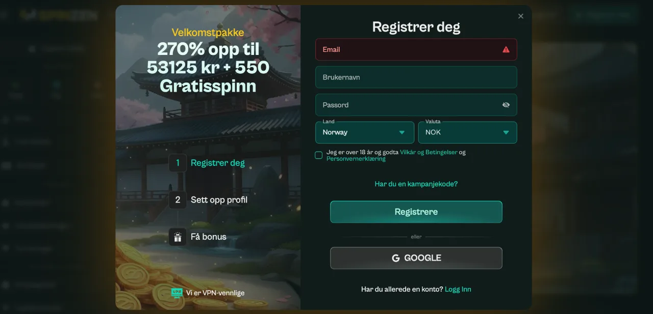 spinzen casino norge registrering