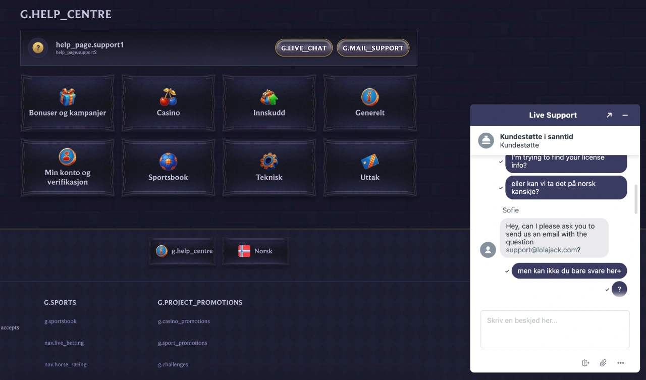 lolajack casino norge support