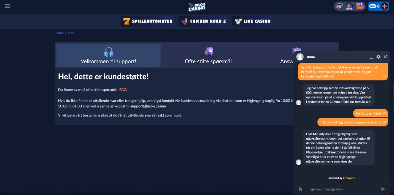 bison casino norge support