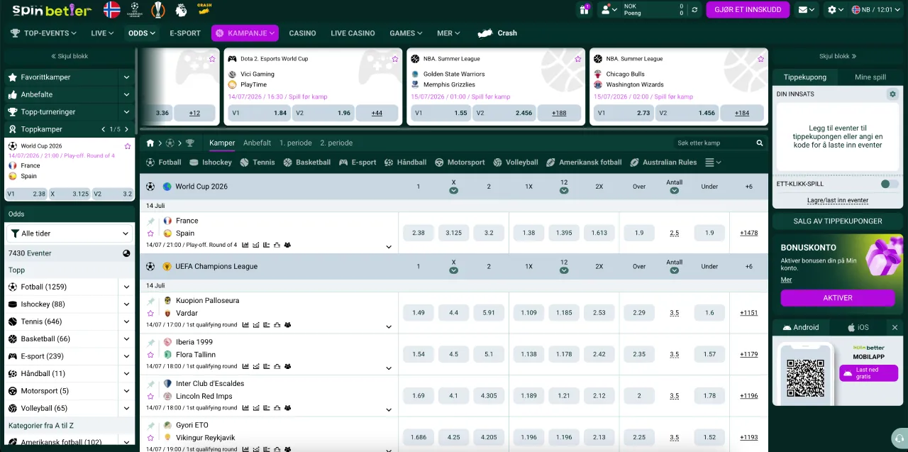 spinbetter odds norge sport
