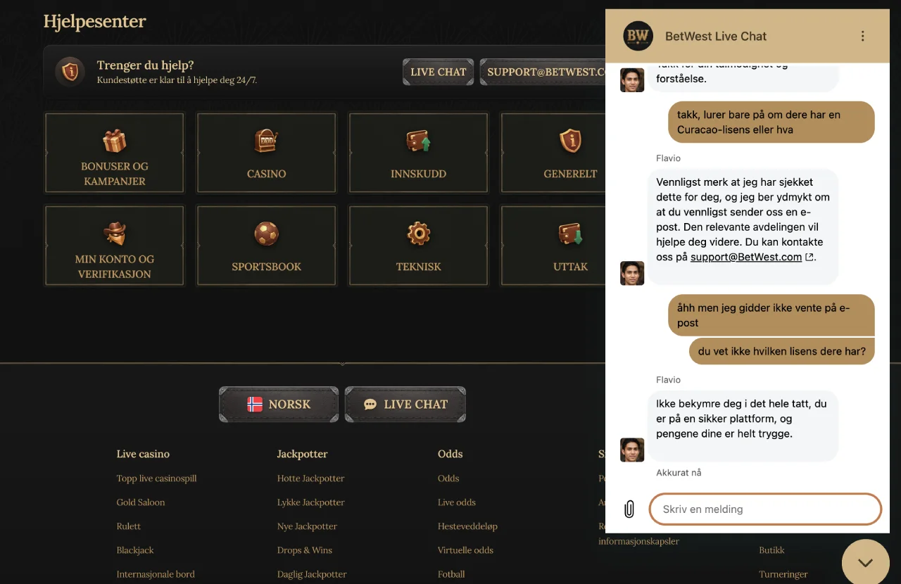 betwest casino norge support