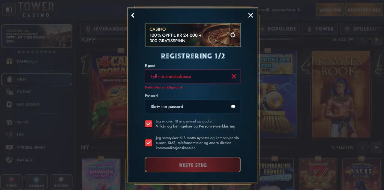 tower casino norge registrere