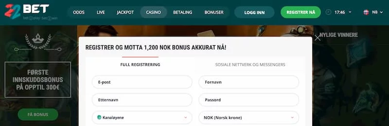 Hent casino bonus hos 22bet