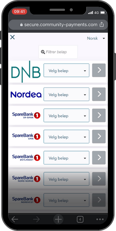 community payments steg 3 - velg bank og beløp