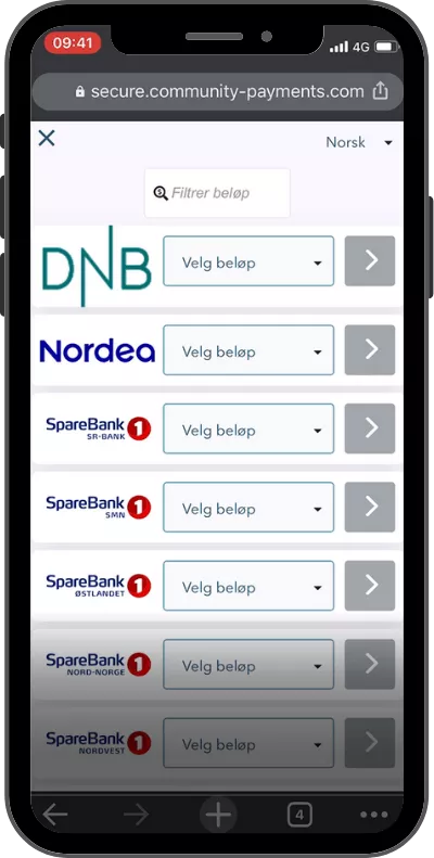 community payments steg 3 - velg bank og beløp